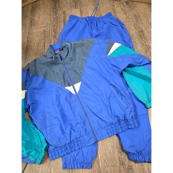 Vintage 1990s Athletic Works Royal Blue Nylon Track Suit Set Mens Jacket Pants L - Picture 1 of 7